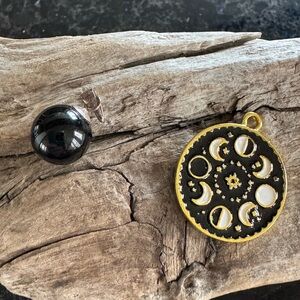 Onyx sphere pendant and faux, gold moon phases pendant set